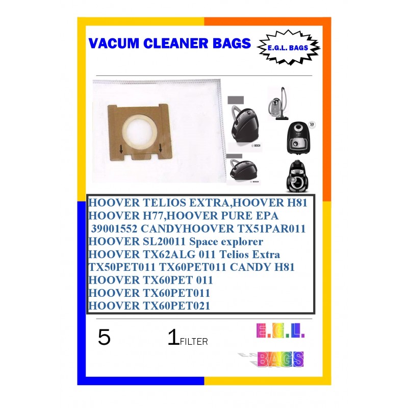  Vacuum cleaner bags for  HOOVER TELIOS EXTRA PURE  5pieces+1filter